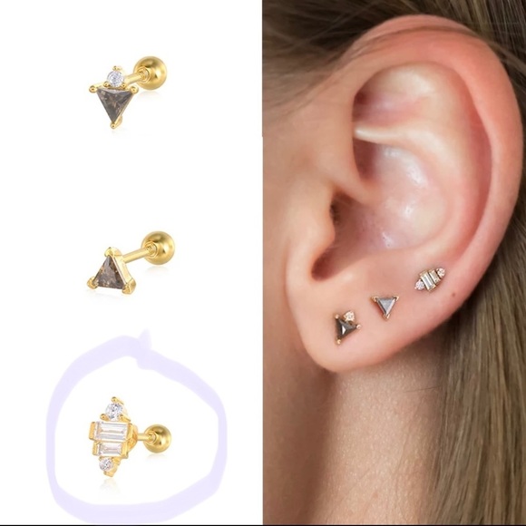 North South Baguette and Round Crystal CZ 18k Gold Plated Pierced Earring 1pc - Picture 1 of 5